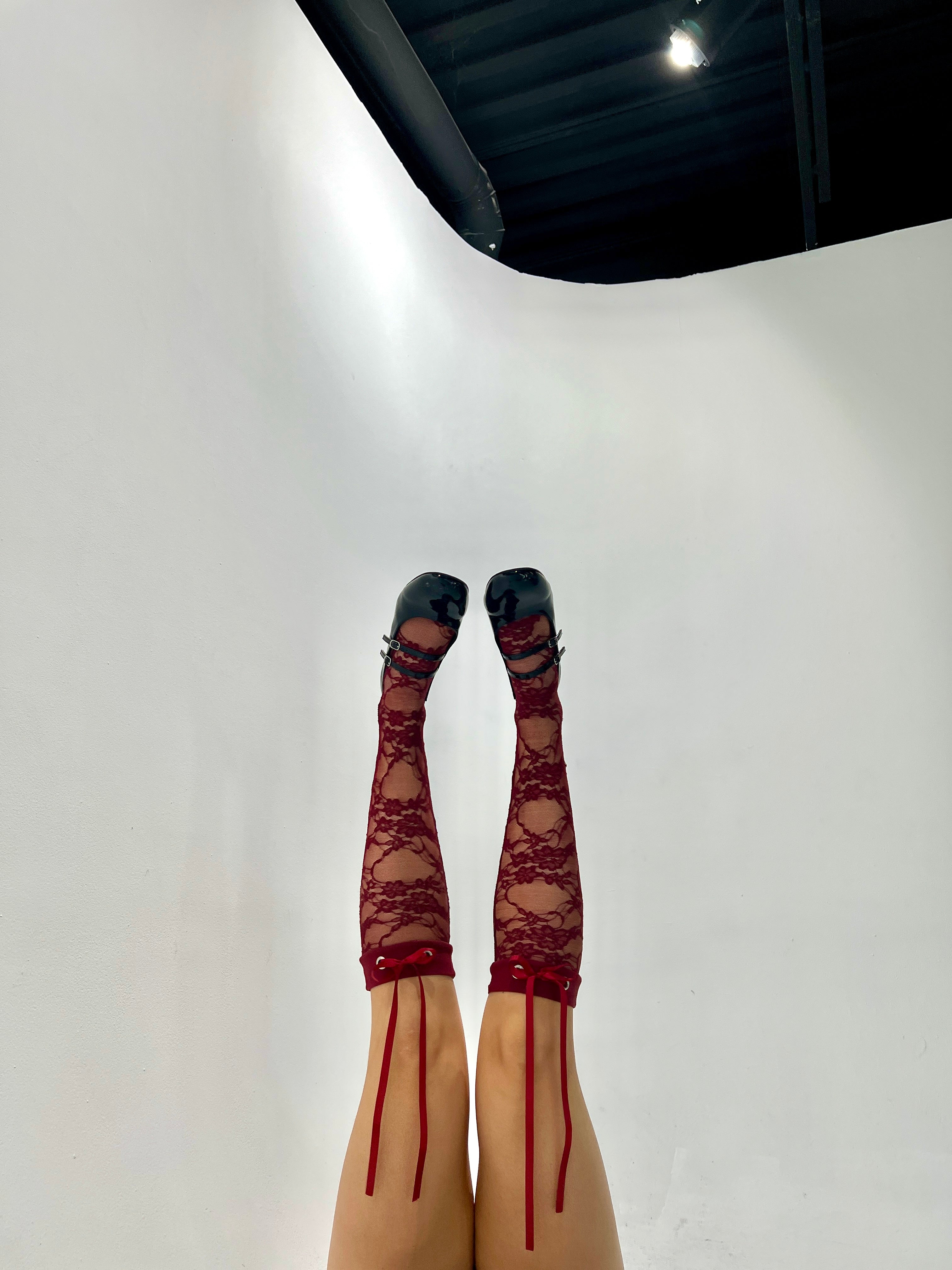 Burgundy Lace High Knee Sock